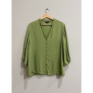 Eileen Fischer Silk Button Down Top Size Large Green 3/4 Sleeve V-Neck